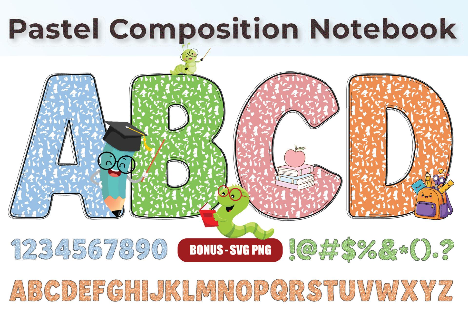Pastel Composition Notebook Alphabets Font by ProFonts, rounded capitals filled with a pastel marbled composition notebook pattern