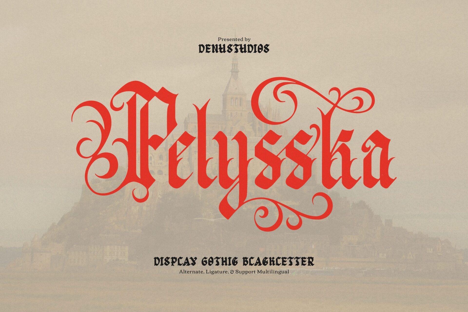 Pelysska Font by Denustudios, red display blackletter with an ornamental capital on a faded castle preview