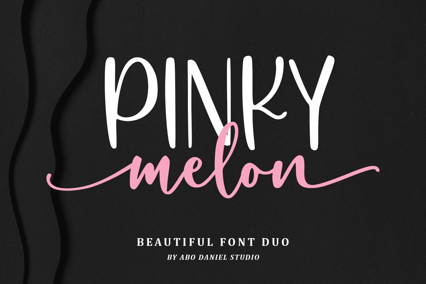 Pinky Melon Font by Abodaniel, white hand-drawn capitals with a pink script font pairing preview