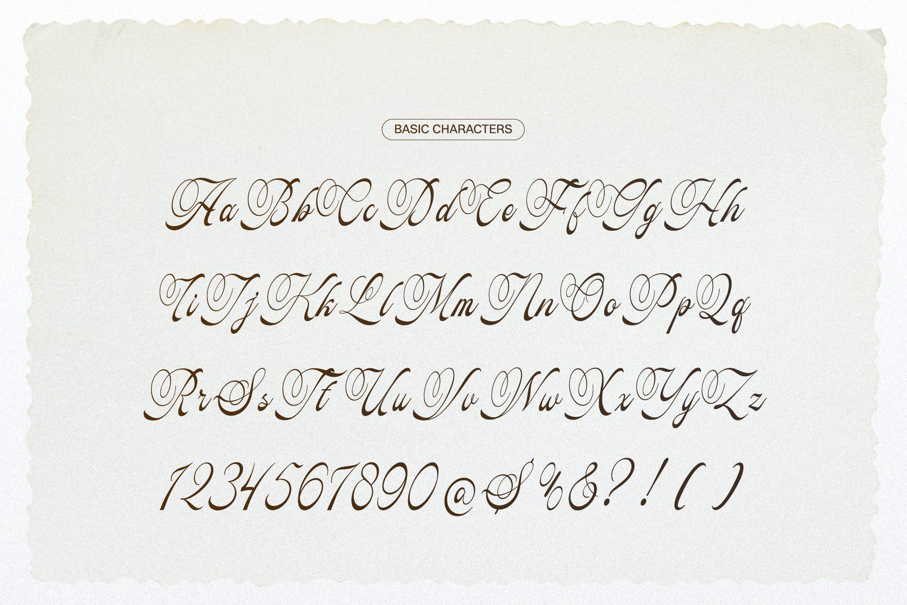 Pitholica Delicate Font by Gracetypestudio basic characters, looped vintage cursive in brown ink
