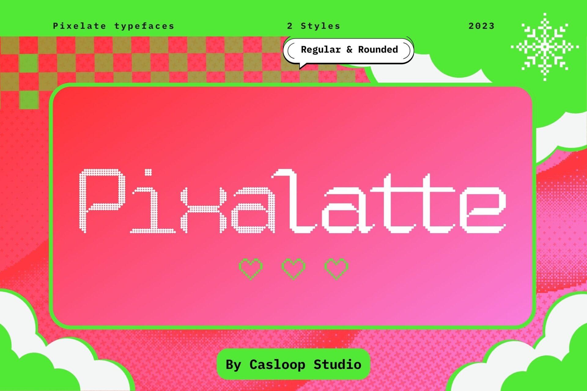 Pixalatte Font by Casloop, thin dotted pixel letters on pink and green background