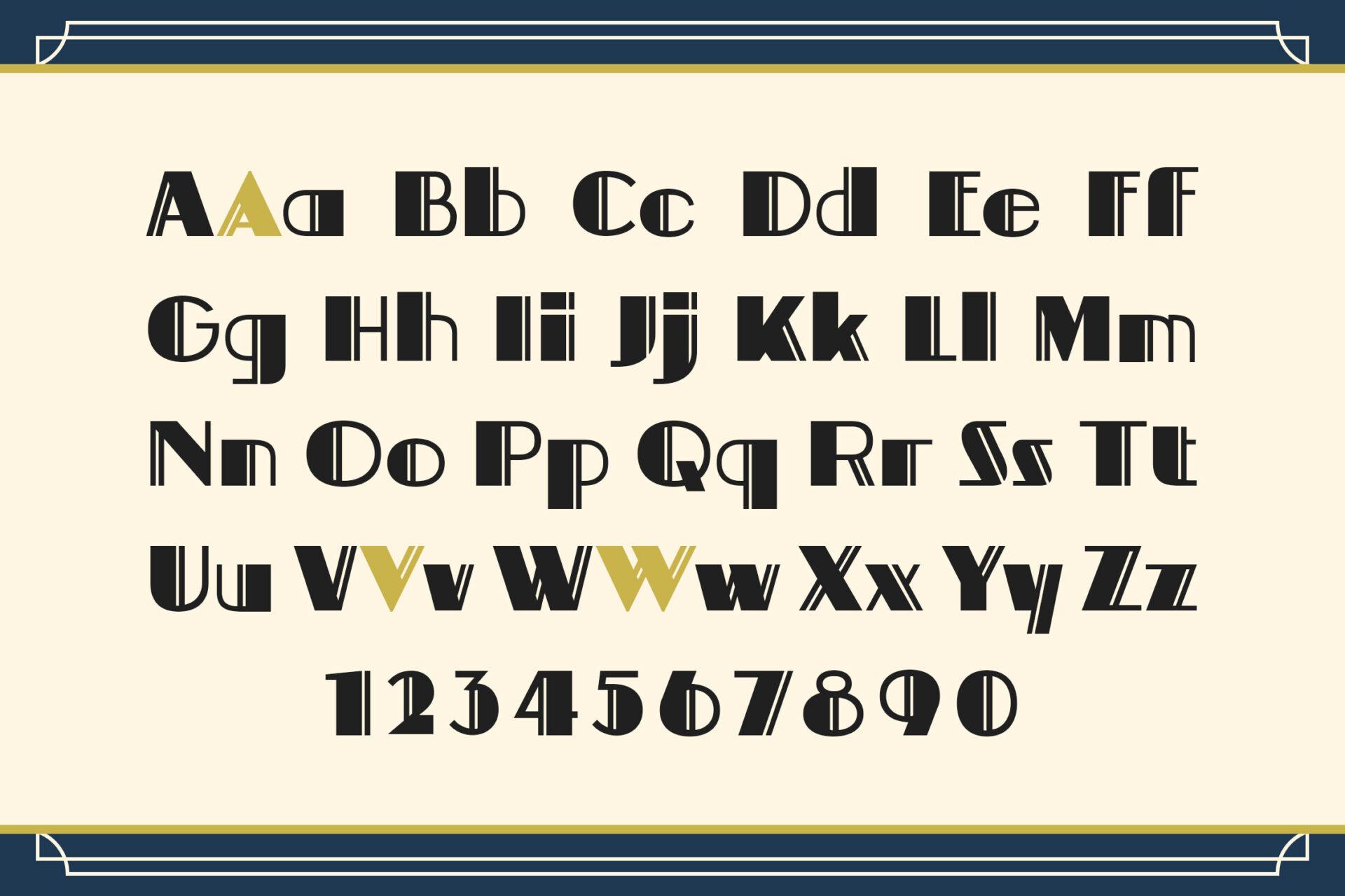 Postgate Font by Typia Nesia alphabet with bold Art Deco uppercase, lowercase and alternate letters