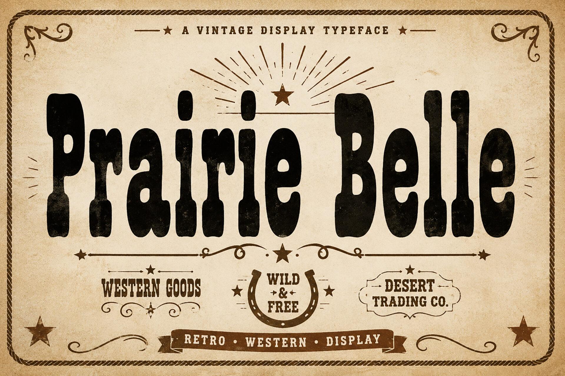 Prairie Belle Font by Wow Magic, tall condensed black worn mixed-case letters on aged paper with badges preview