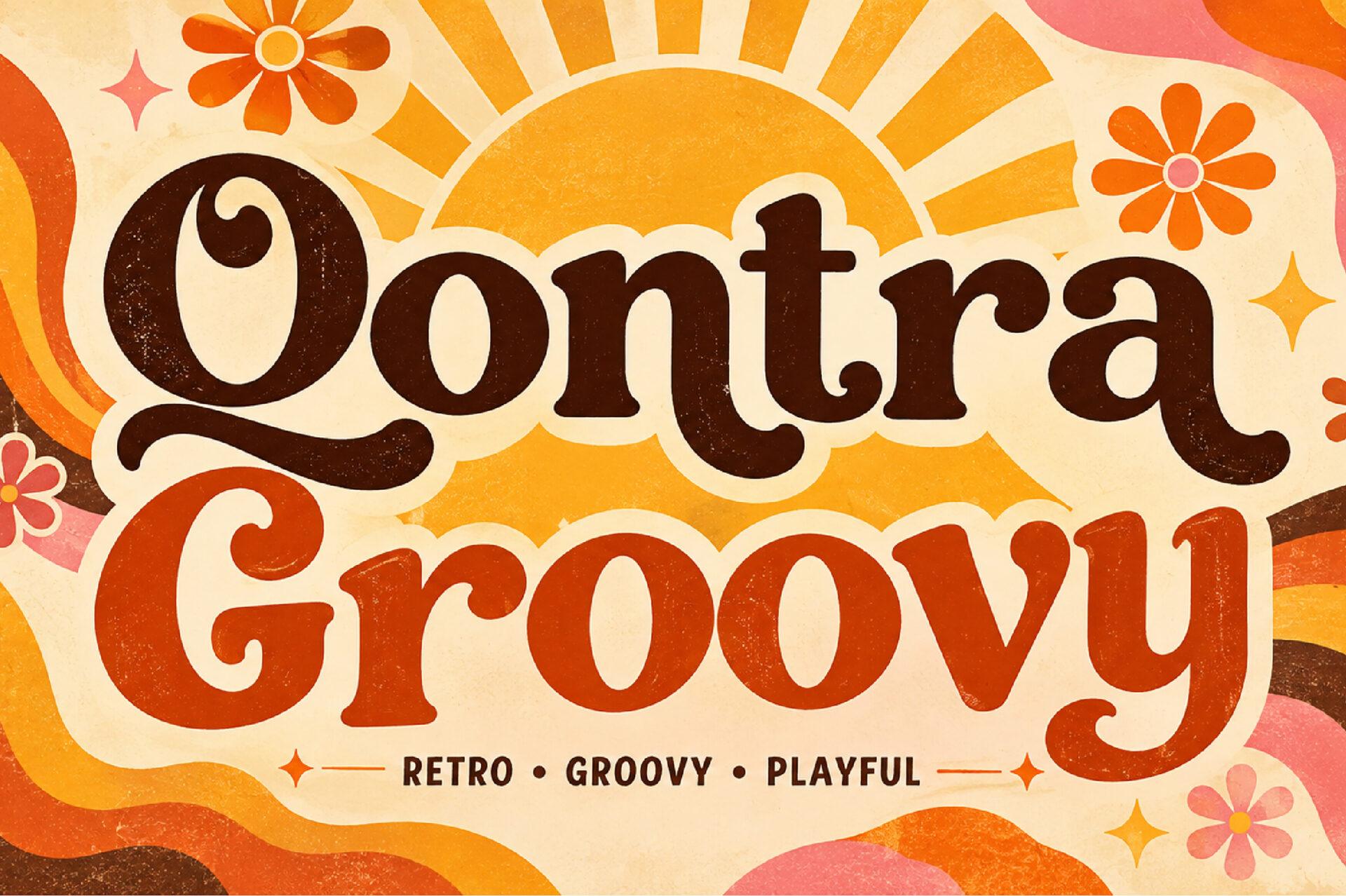 Qontra Groovy Font by DREAM, chunky retro serif in rust and brown