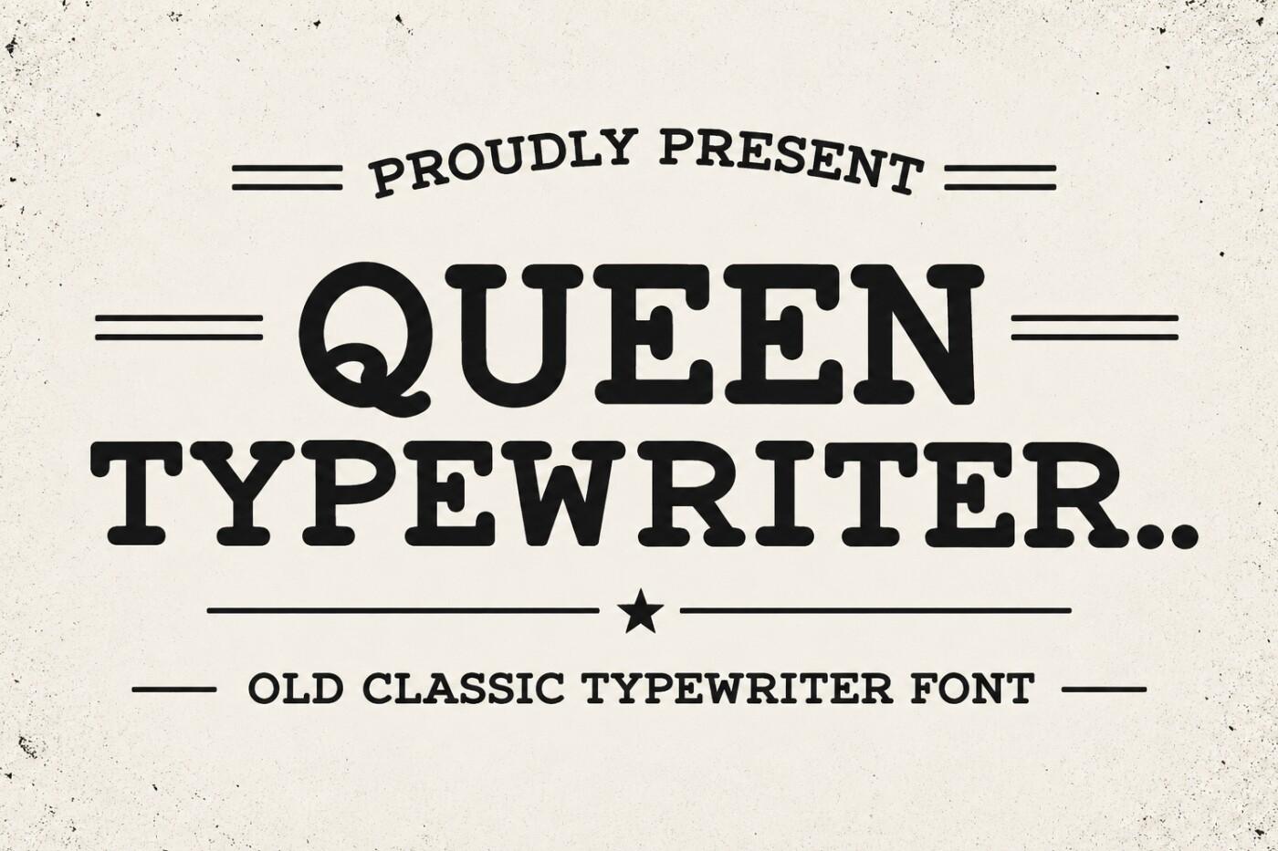 Queen Typewriter Font by Infinity art Studio, black typewriter slab capitals with double rules on speckled paper preview