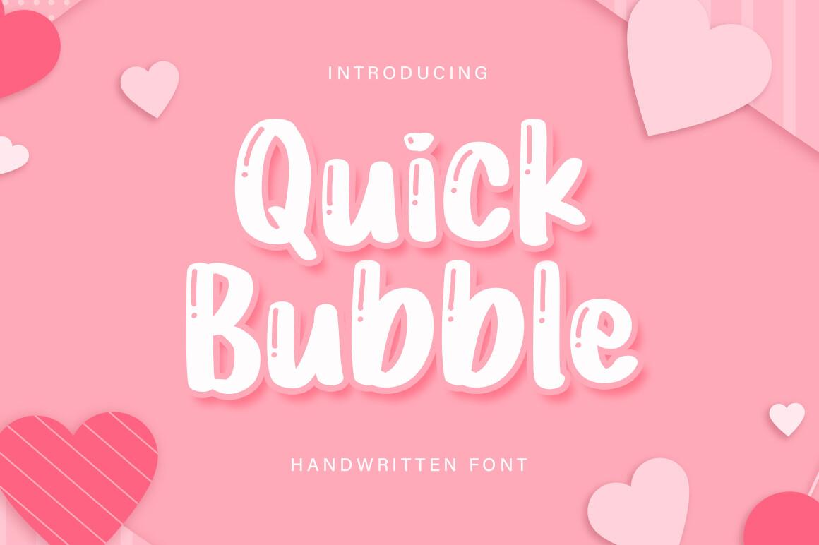 Quick Bubble Font by Pretty Glyphs, white handwritten bubble letters on a pink background with hearts