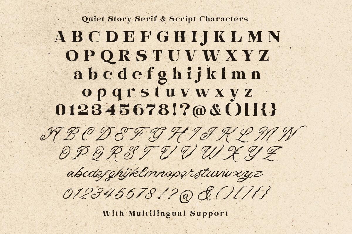 Quiet Story Font by letterhend serif and script character sheet on aged paper