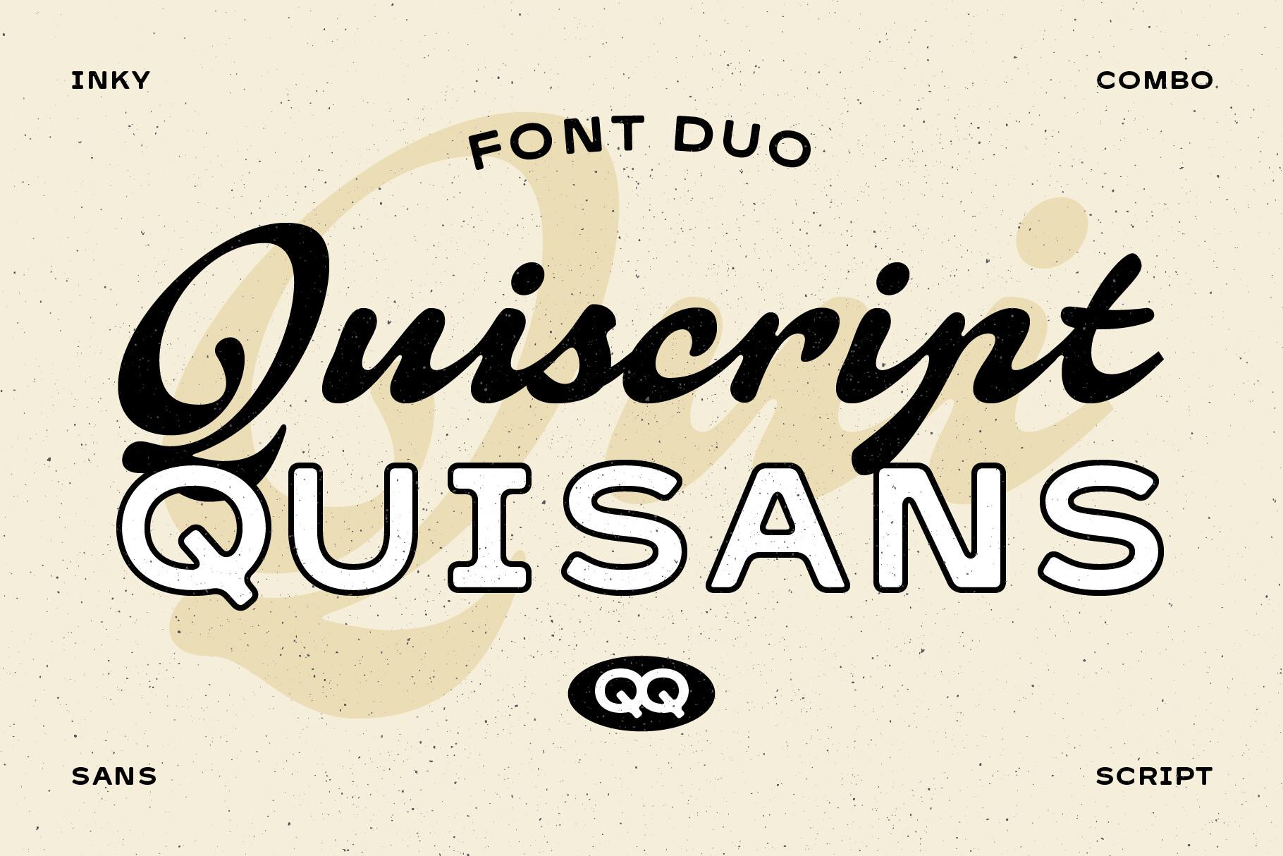 Quiscript Quisans Font by Adam Fathony, inky black script over outlined wide capitals font pairing preview