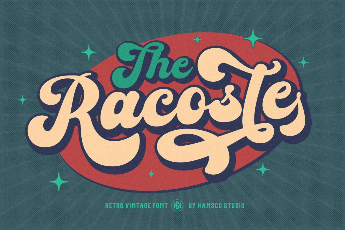 Racoste Font by HansCo, bubbly peach retro script with a dark shadow on a red oval and teal background