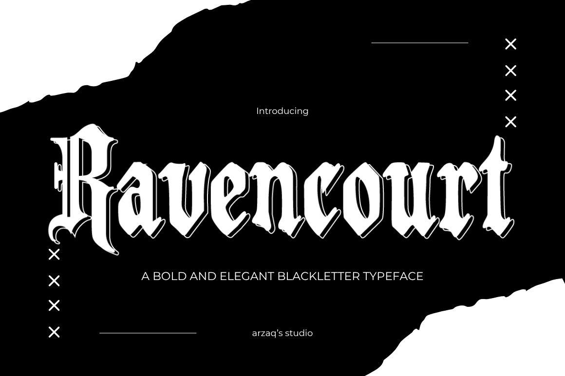 Ravencourt Font by Arzaq's Studio, white bold Old English blackletter typeface on a black background, tattoo font preview