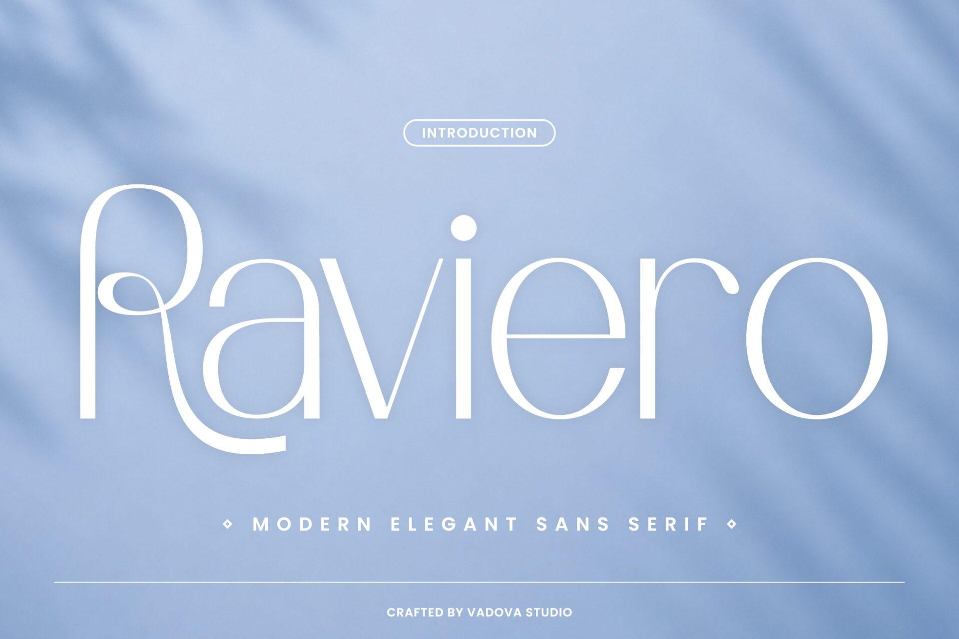 Raviero Font by Vadova Std, thin elegant sans with a long curved R in white on blue