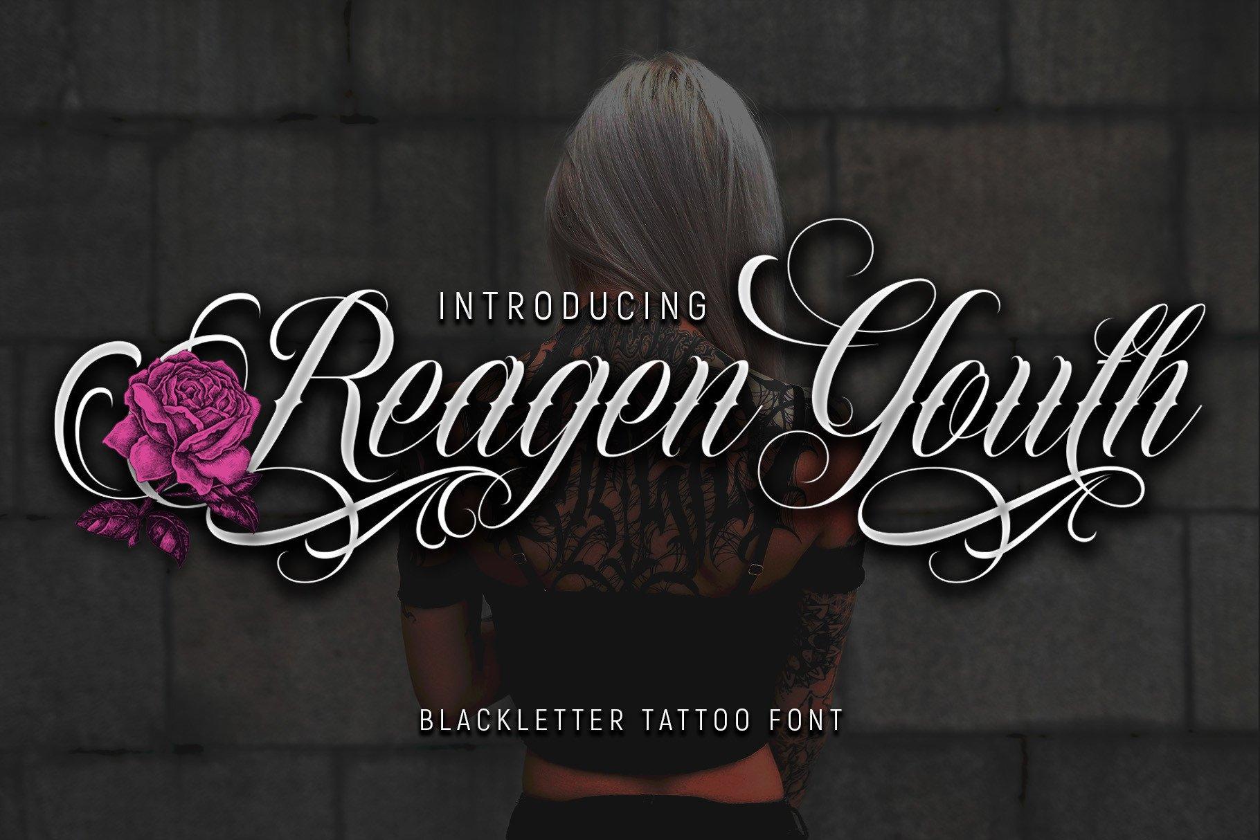 Reagen Youth Font by Letter Stock, script tattoo font with blackletter-style capitals and trailing flourishes, tattoo font preview