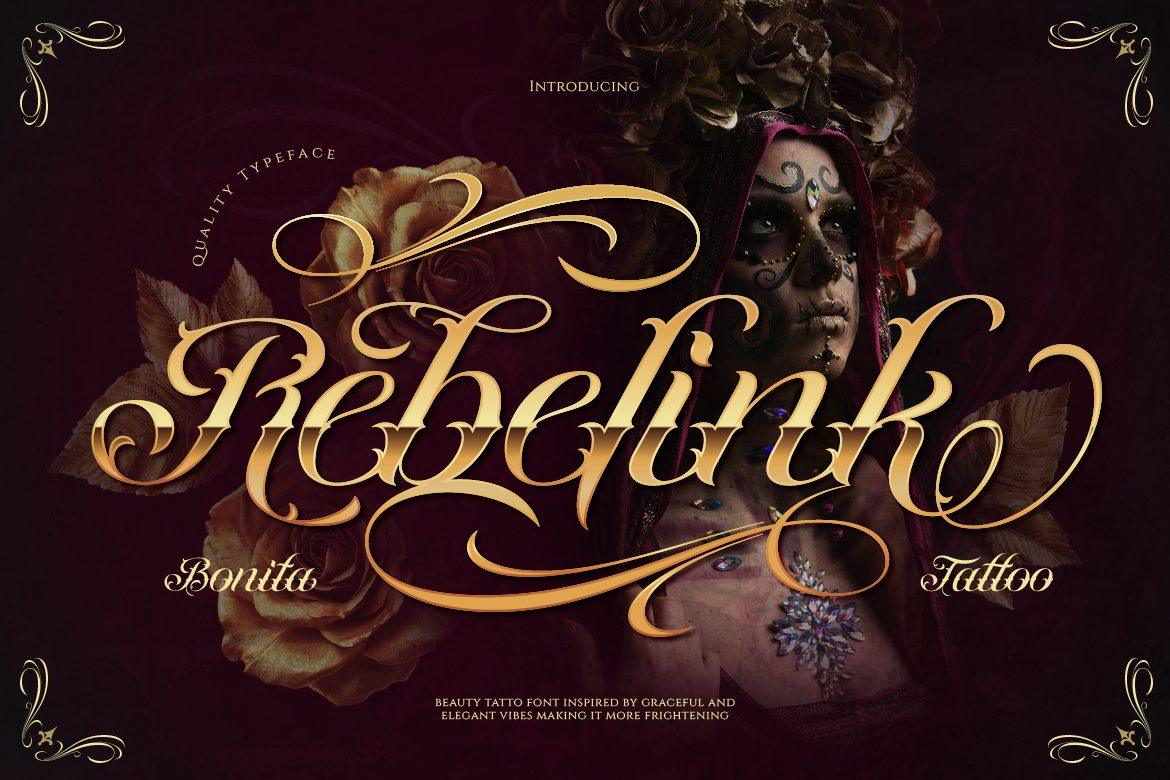 Rebelink Font by Burntilldead, gold calligraphy tattoo script with a large curled capital beside roses and a portrait, tattoo font preview