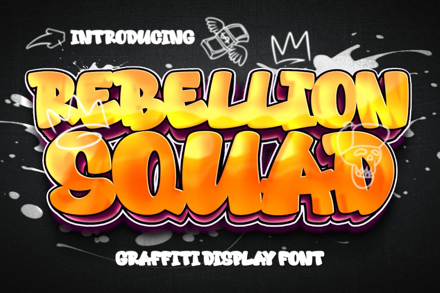 Rebellion Squad Font by Situjuh, glossy yellow and orange graffiti letters with a pink outline font preview