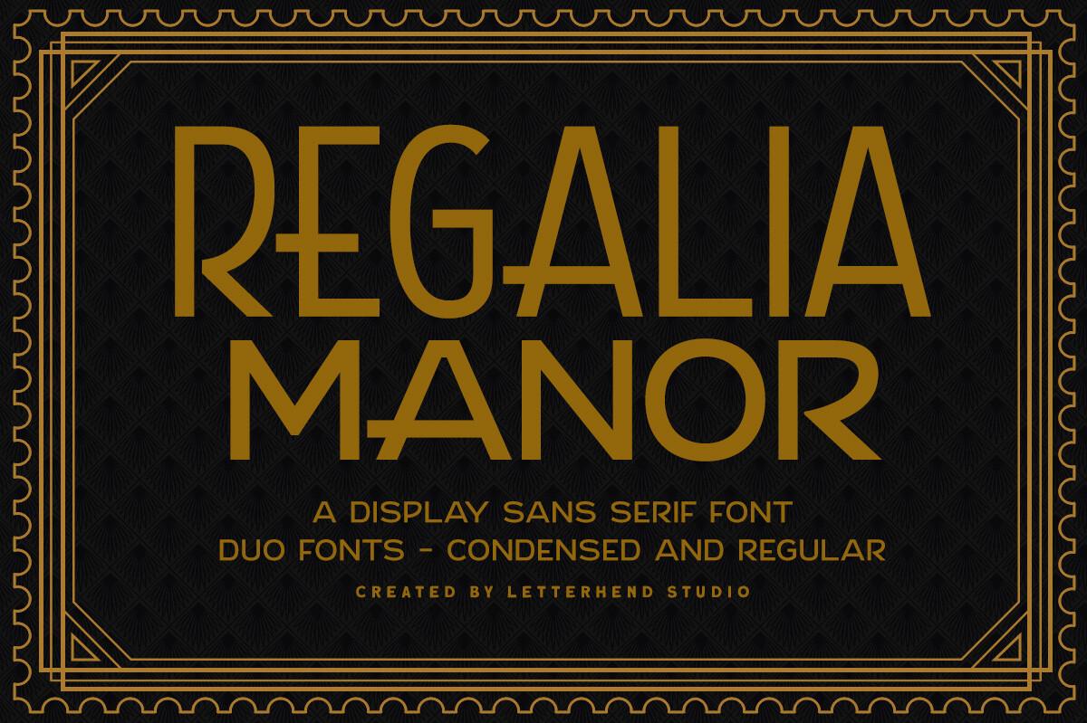 Regalia Manor Font by letterhend, art deco sans in gold on black font pairing preview