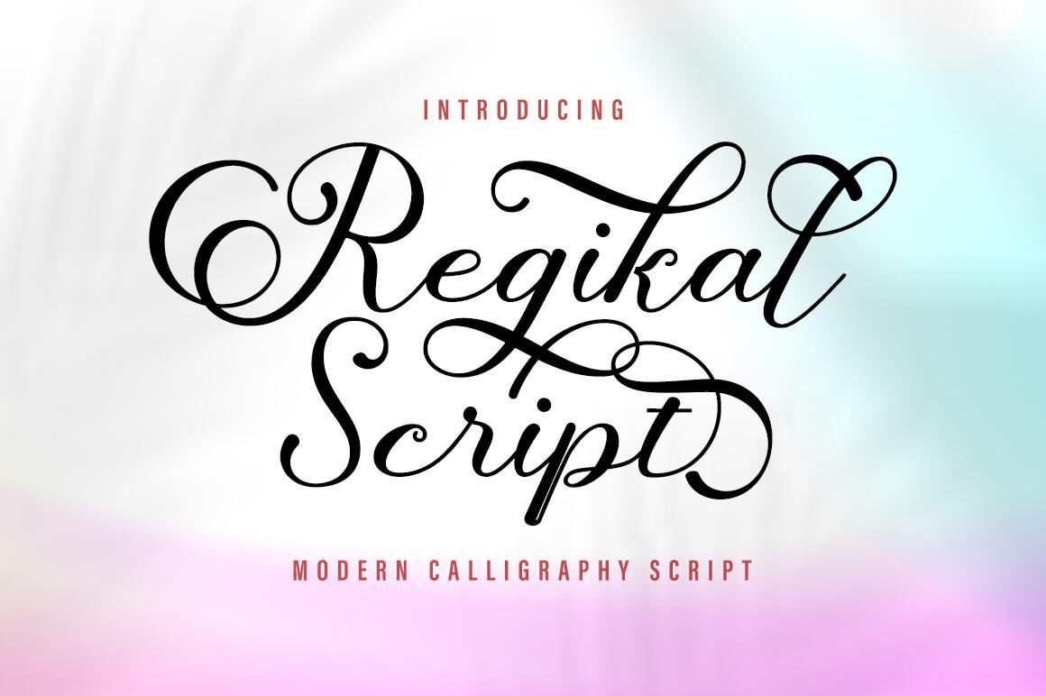 Regikal Script Font by gatype, high-contrast black calligraphy with large curled capitals on a pastel background