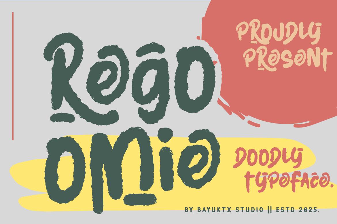 Regoomie Font by Bayuktx, chunky doodly dark green letters with textured edges and coral and yellow shapes
