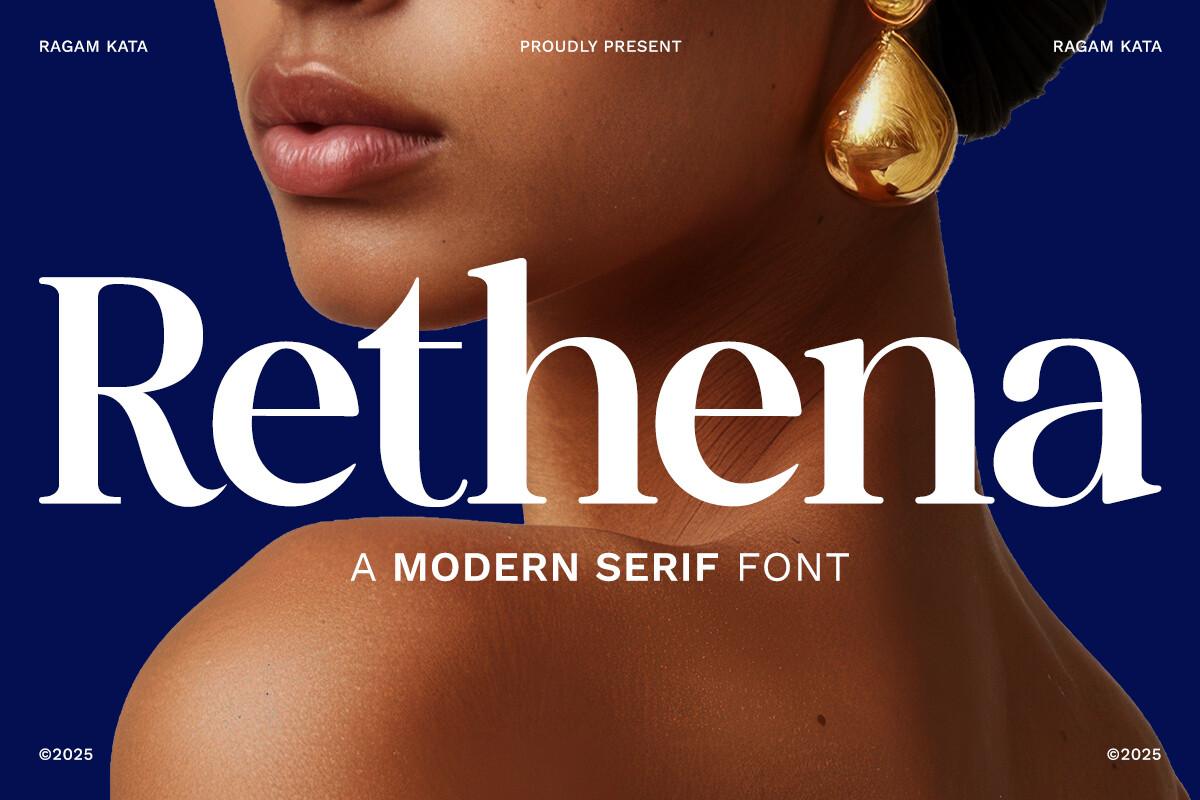 Rethena Font by RagamKata Studio, modern serif in white on deep blue