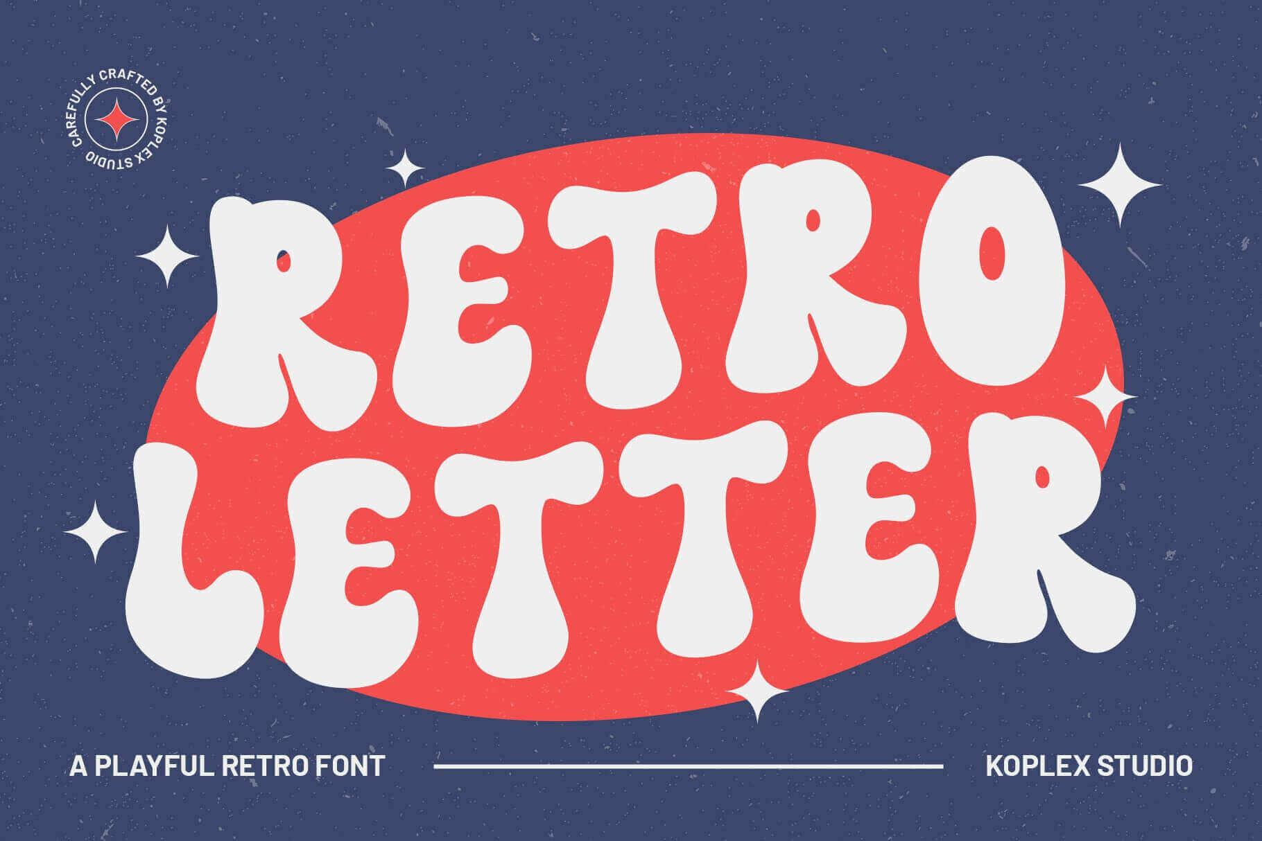 Retro Letter Font by Koplexs Studio, puffy white retro letters on a red oval