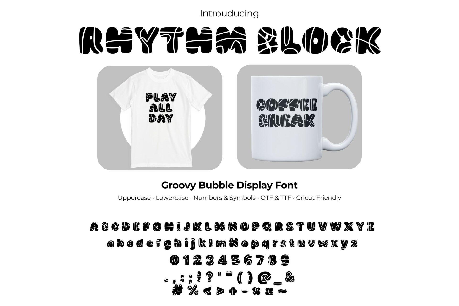Rhythm Block Font by Simple Font, black chunky letters with white zigzag cuts on a T-shirt and a mug, with numbers