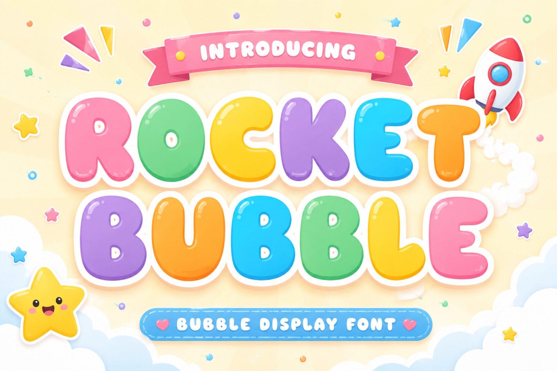 Rocket Bubble Font by 29Graphic, glossy pastel rainbow bubble capitals with a rocket and a star