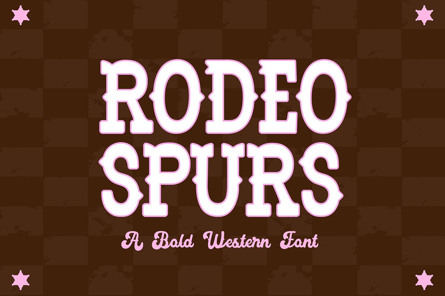 Rodeo Spurs Font by blushfontco, white slab capitals with a pink outline on a brown checkered preview