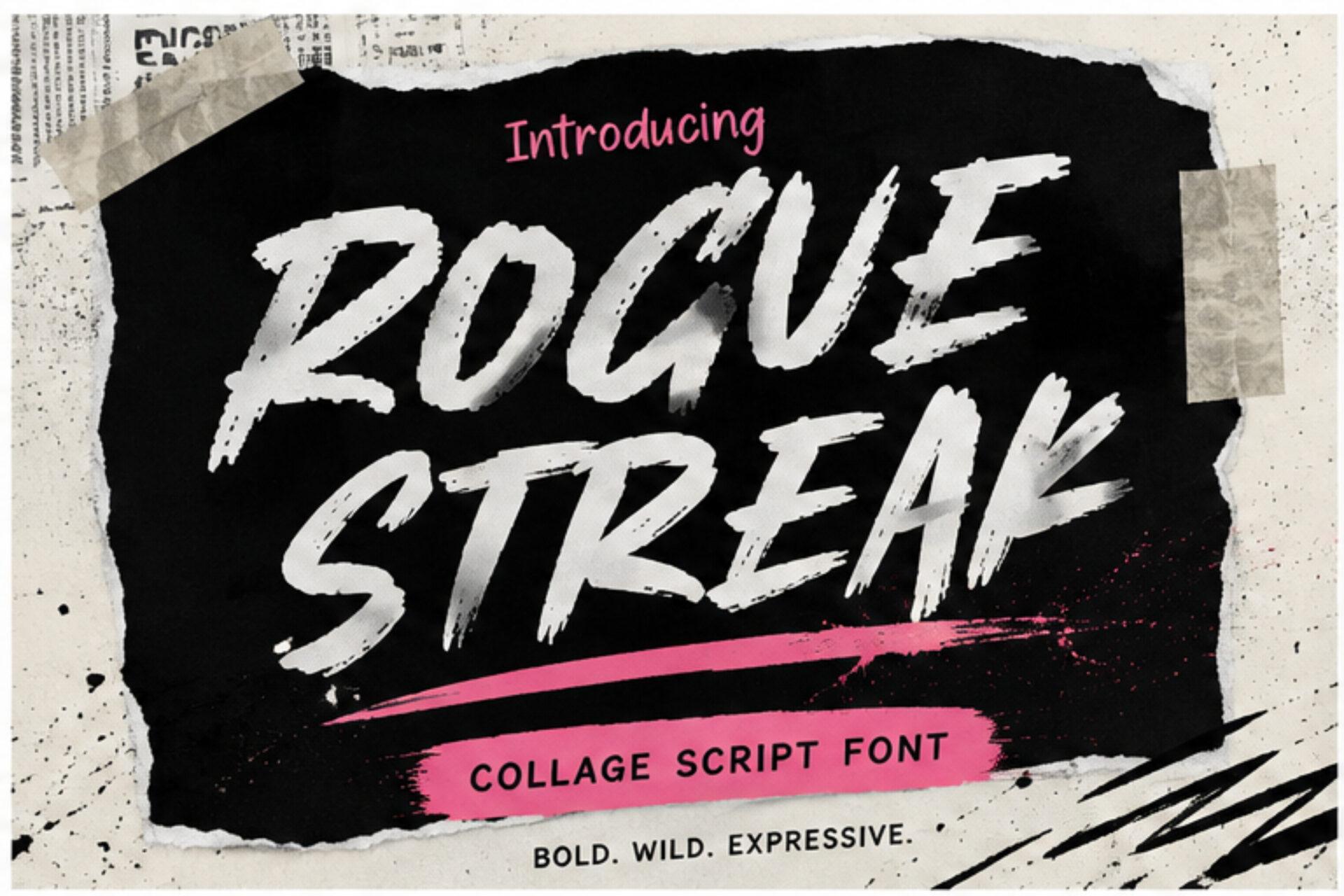 Rogue Streak Font by Kernova Fonts, rough slanted white dry brush capitals on ripped black paper