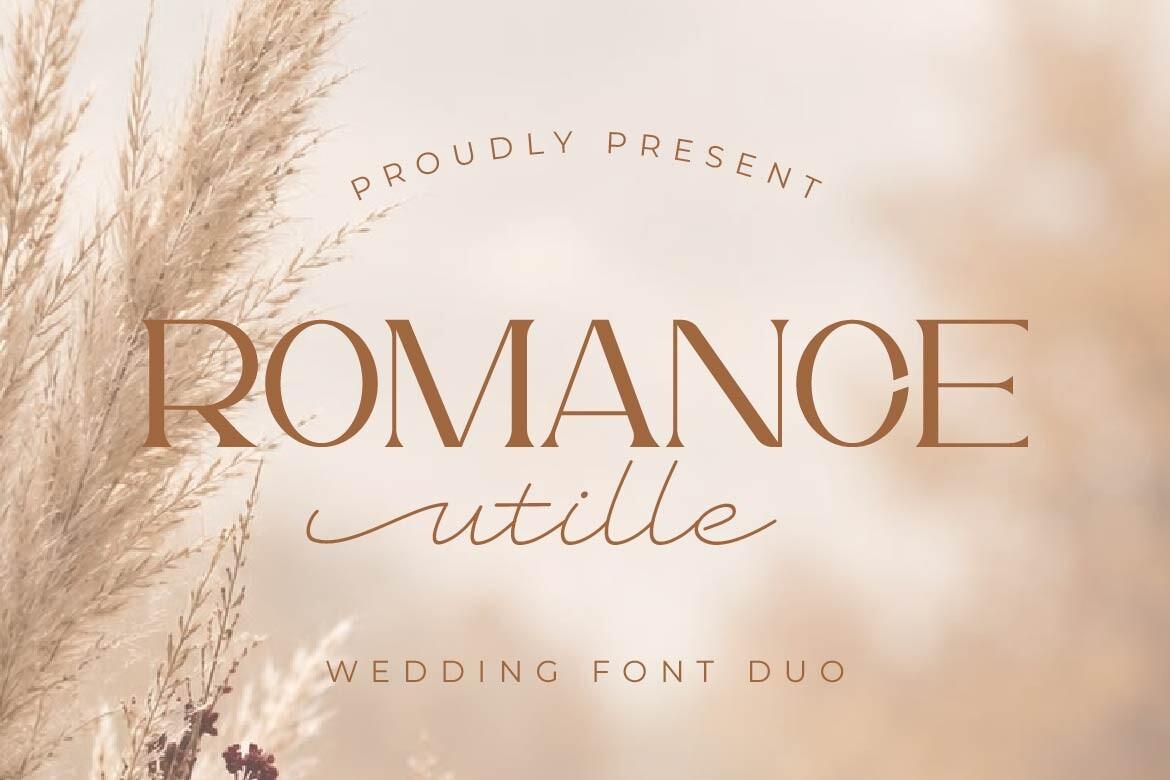 Romance Utille Font by Artiveko, serif and script wedding duo on a soft beige photo