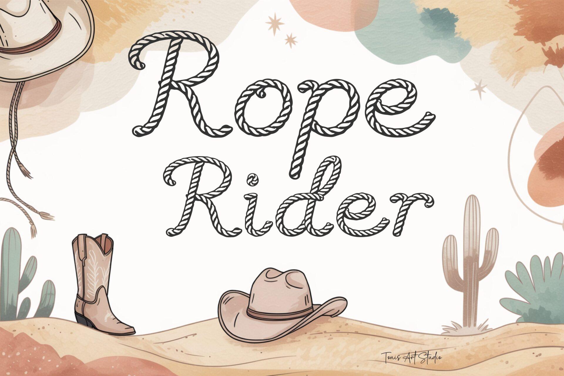 Rope Rider Font by TonisArtStudio, gray outlined rope script over a watercolor desert with boots preview