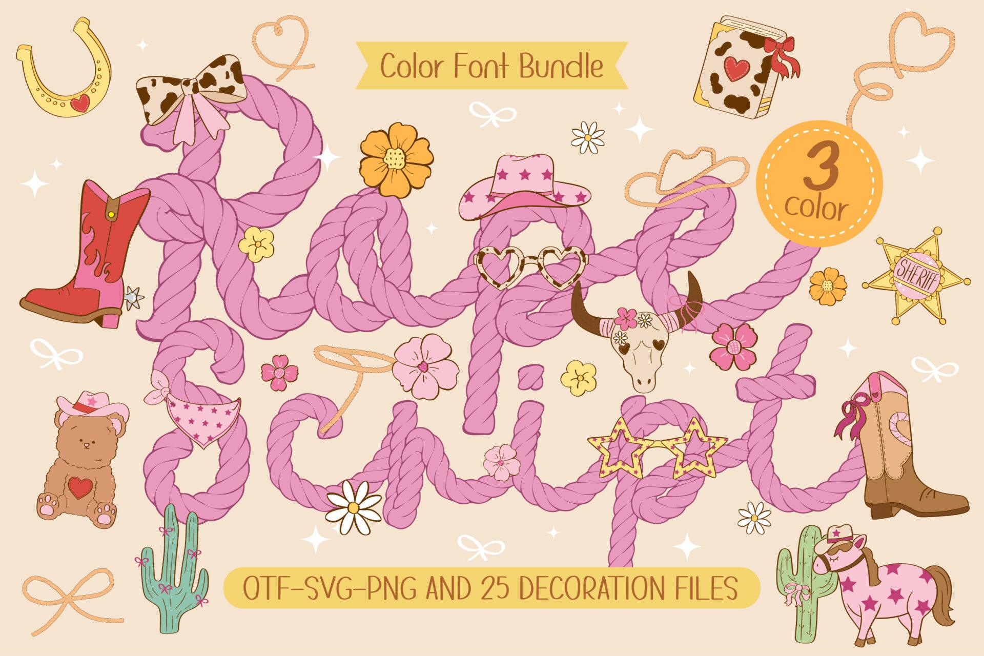 Rope Script Font by Issie_Studio, pink rope-twisted script letters surrounded by boots, hats and flowers preview