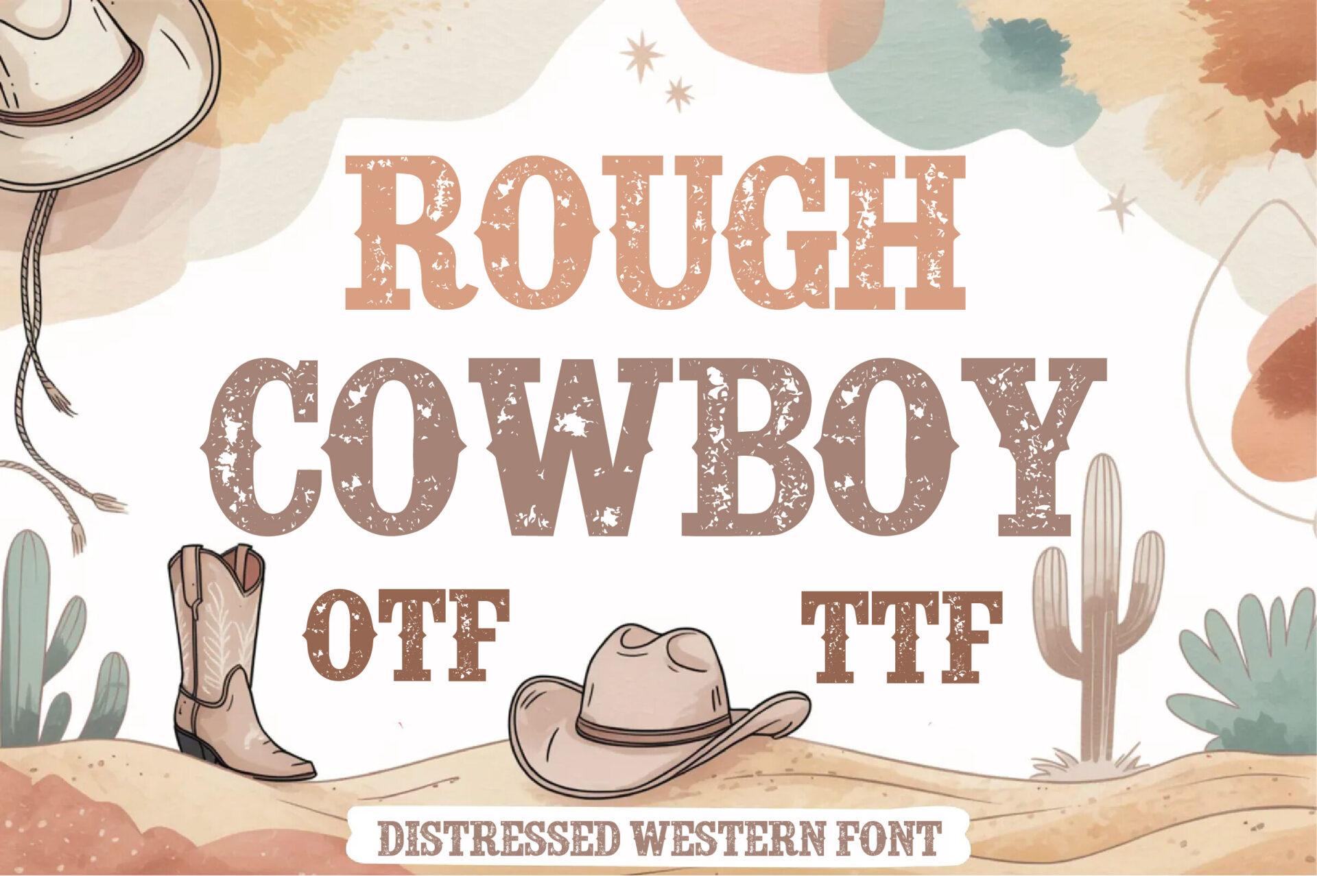 Rough Cowboy Font by Craft Artist, terracotta slab capitals with light wear over a watercolor desert preview with boots