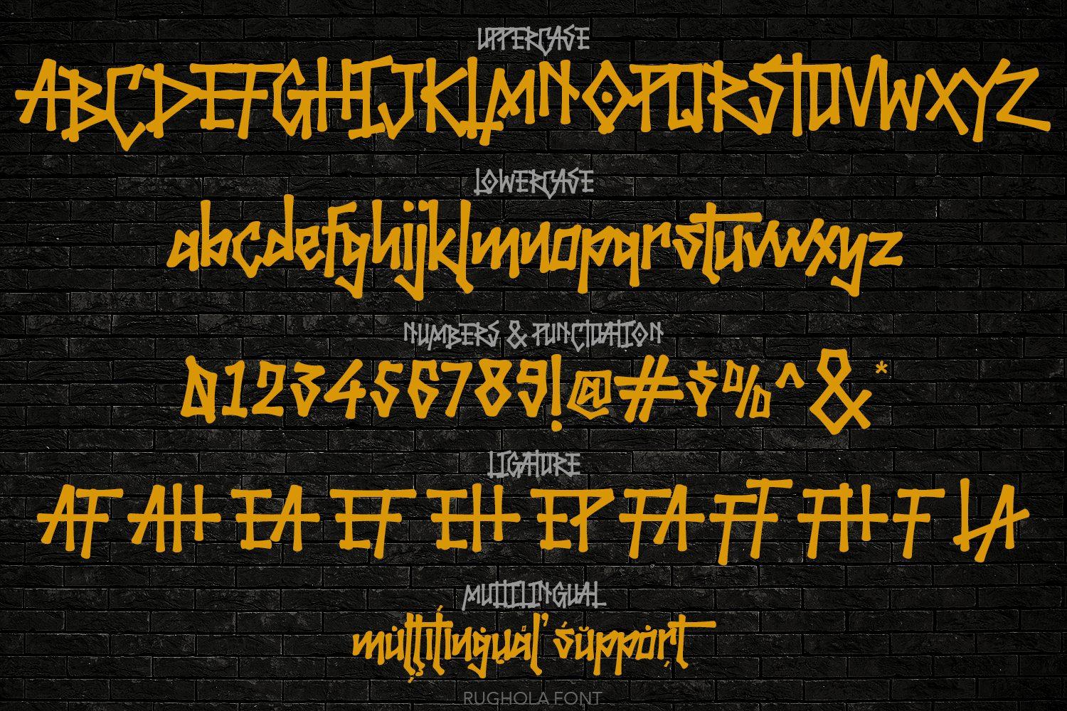Rughola Graffiti Font by madeDeduk alphabet with uppercase, lowercase, numbers, ligatures and multilingual characters