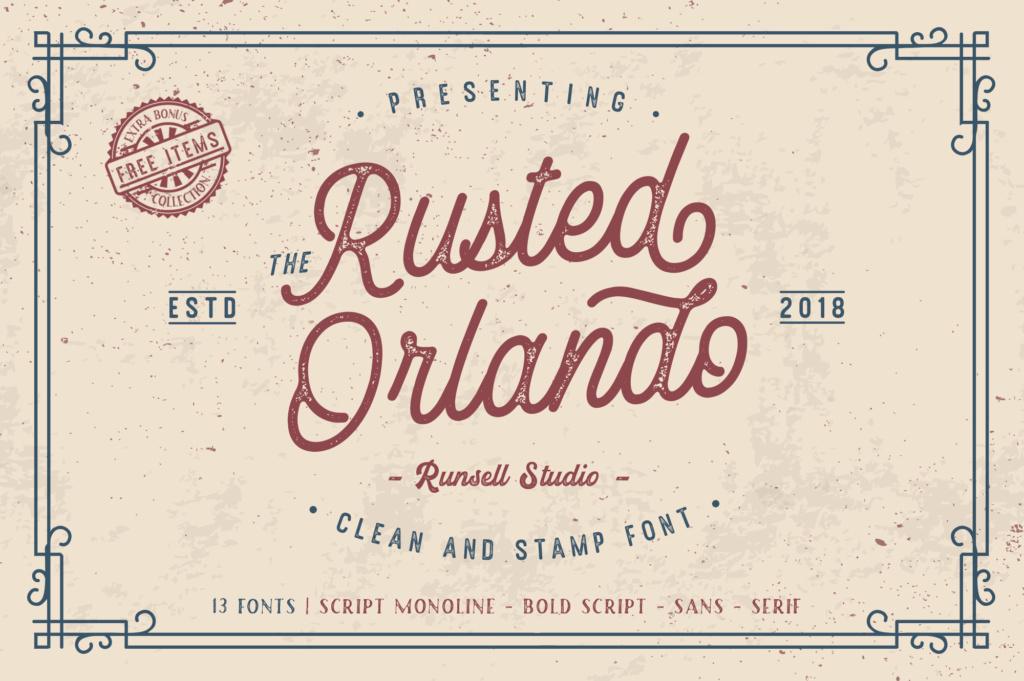 Rusted Orlando Font by Runsell Graphic, rose-red monoline script with speckled ink wear inside a double-line border on a cream preview