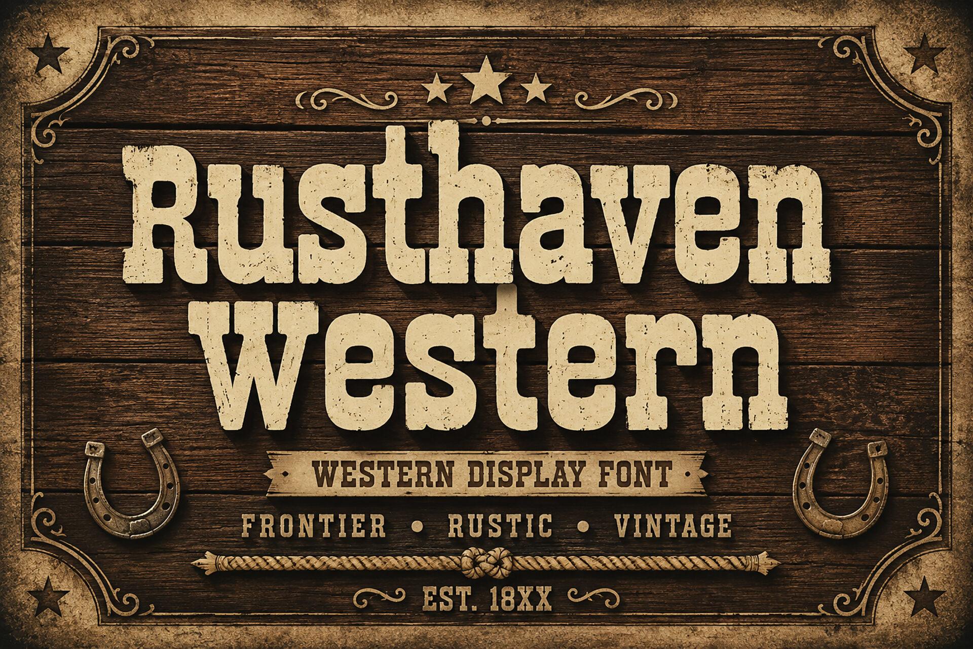 Rusthaven Western Font by Wow Magic, cream mixed-case slab letters on a wood plank preview with horseshoes and rope
