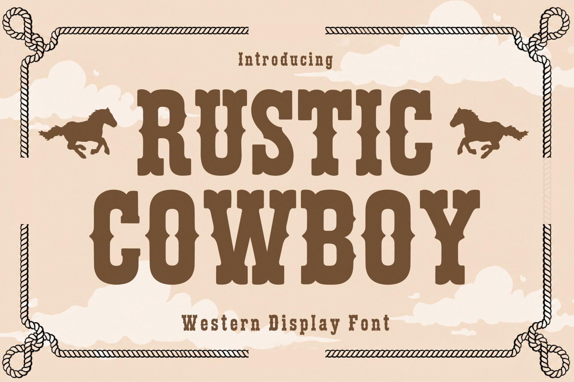 Rustic Cowboy Font by Craft Artist, brown slab capitals inside a rope frame with galloping horses on a pale peach preview