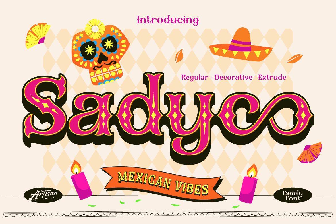 Sadyco Font by Artisan Themes, magenta Victorian letters with yellow inlays beside a sugar skull preview