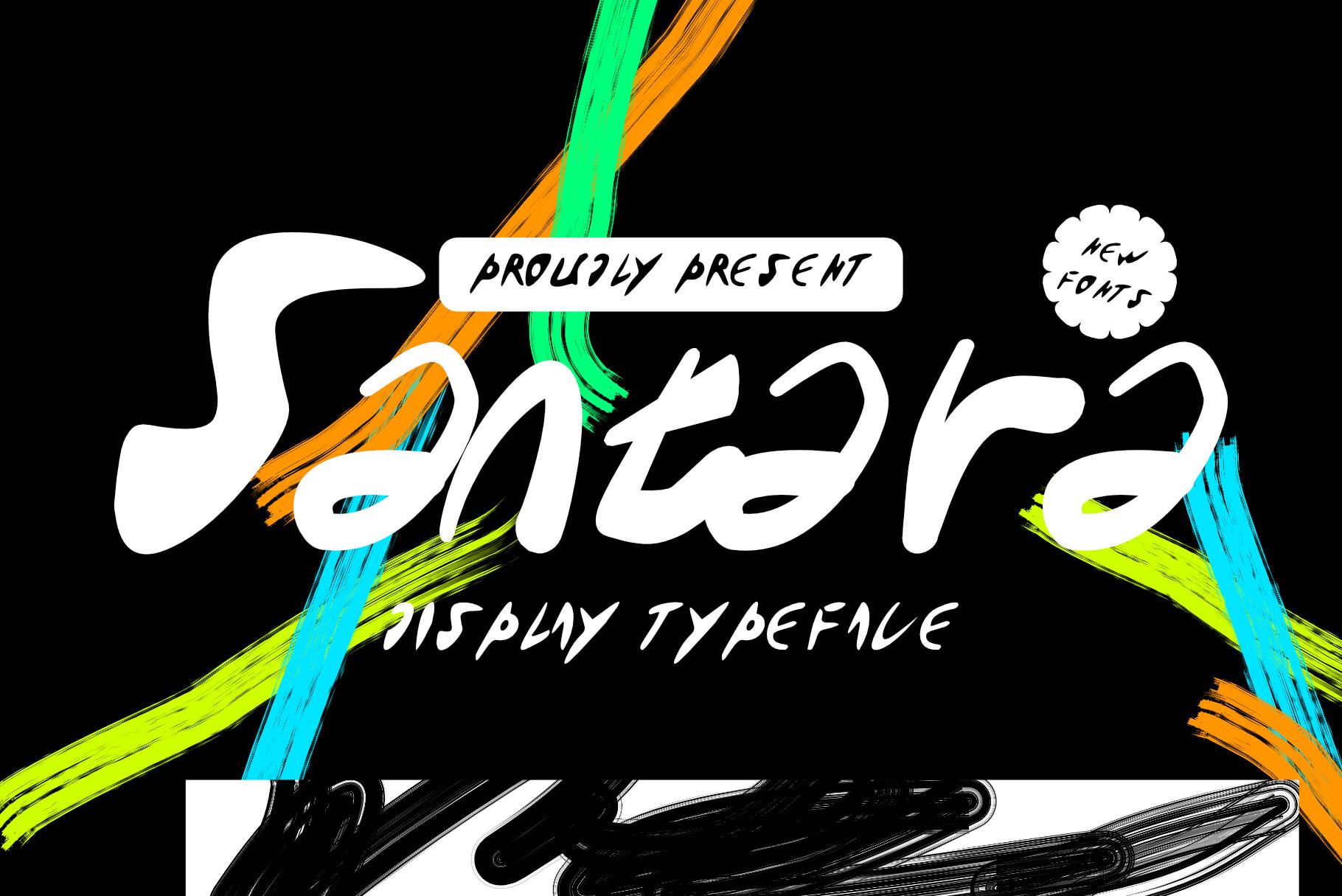 Santara Font by meisuseno, white brush script over neon paint