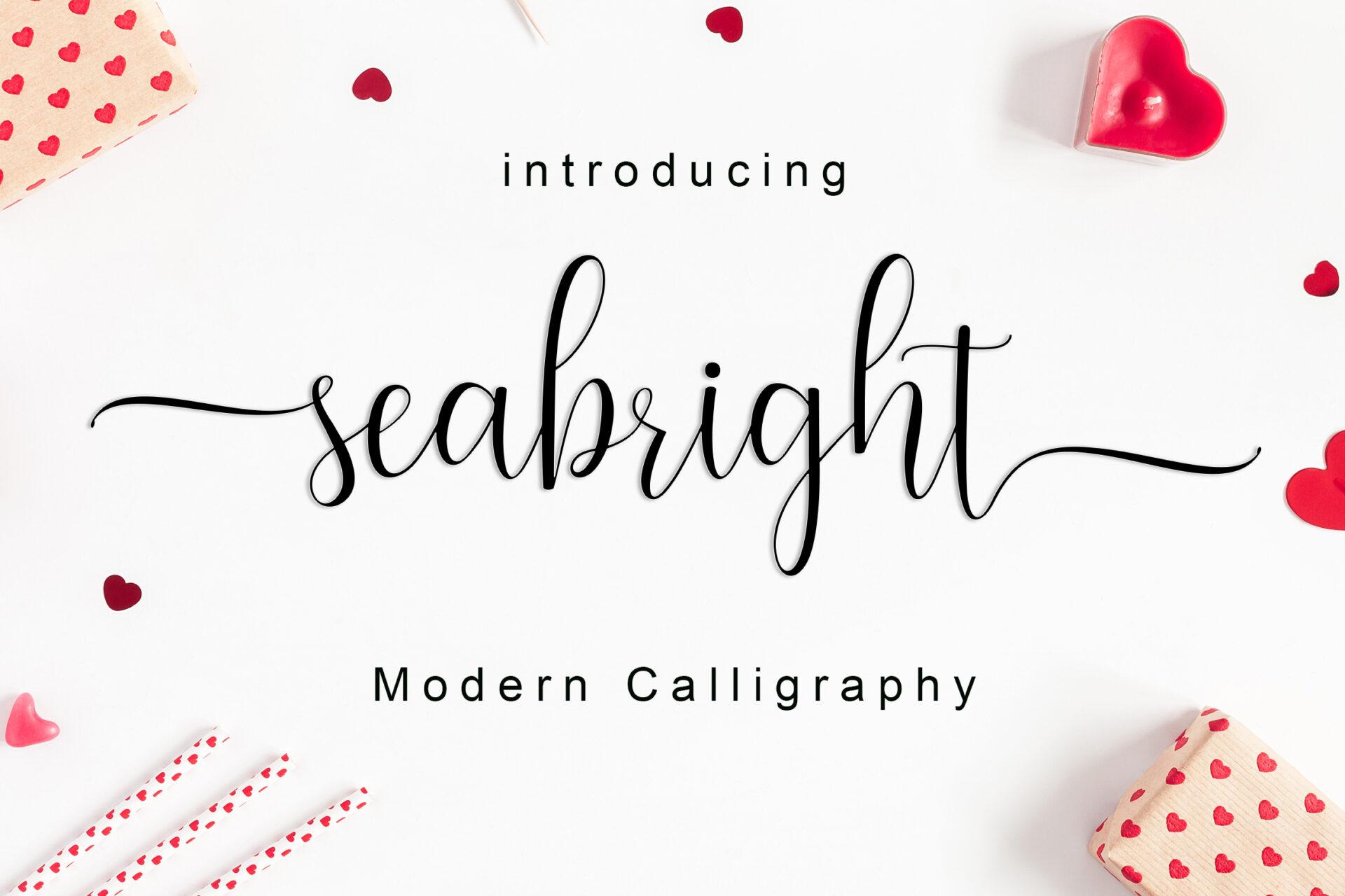Seabright Script Font by Amarlettering, thin lowercase calligraphy with long tails and red hearts