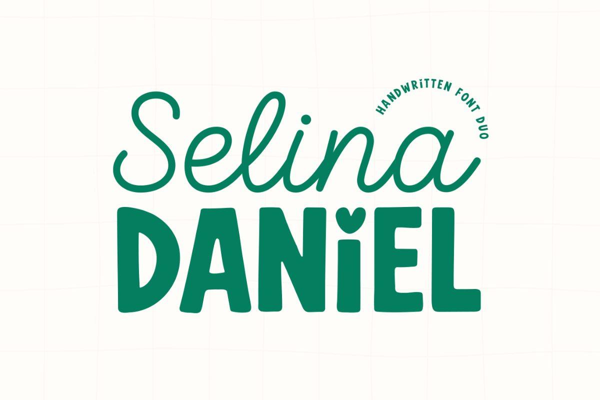 Selina Daniel Duo Font by Jozoor, thin handwriting over bold rounded capitals font pairing preview