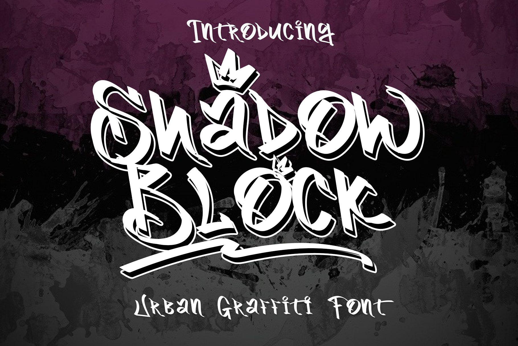 Shadow Block Font by Creatype Designer, white angular graffiti letters with a crown on black font preview