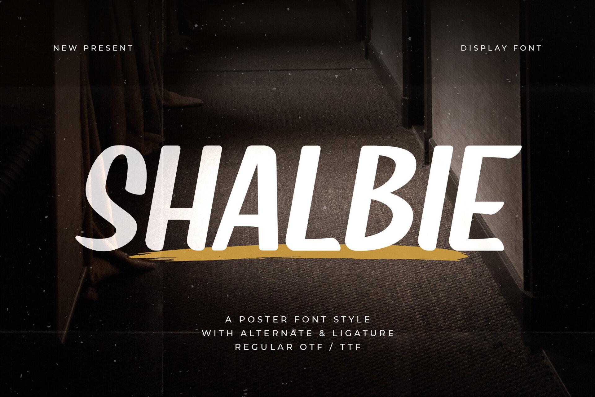 Shalbie Font by TypeFactory, tall white brush caps over dark photo