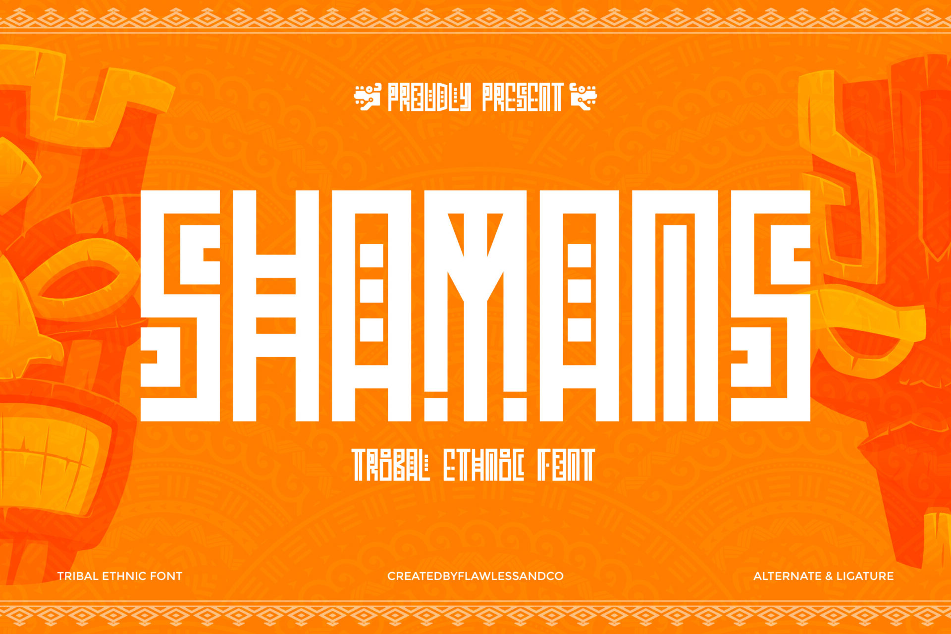 Shamans Font by Flawless And Co, white blocky stepped capitals on a bright orange preview