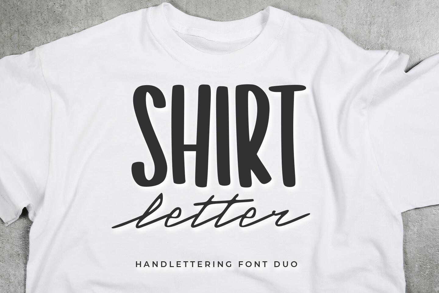 Shirt Letter Font by Abodaniel, thick condensed marker capitals paired with a thin handwritten script on a white T-shirt