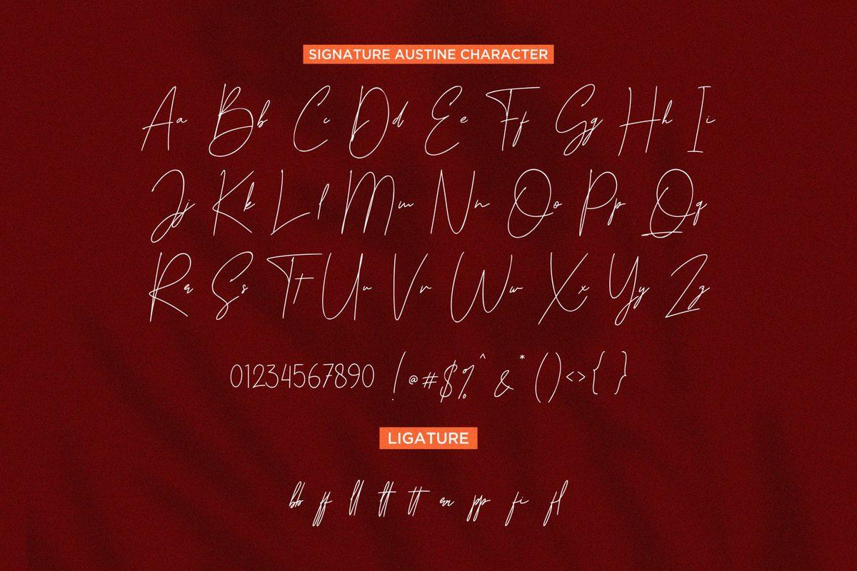 Signature Austine Font by Essentials Studio, full tattoo font alphabet with uppercase and lowercase letters