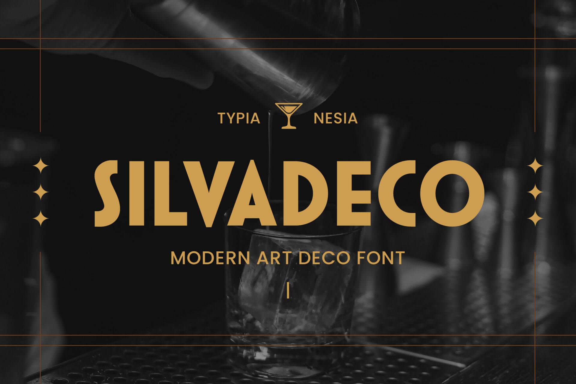 Silvadeco Font by Typia Nesia, thin tall gold deco capitals on black