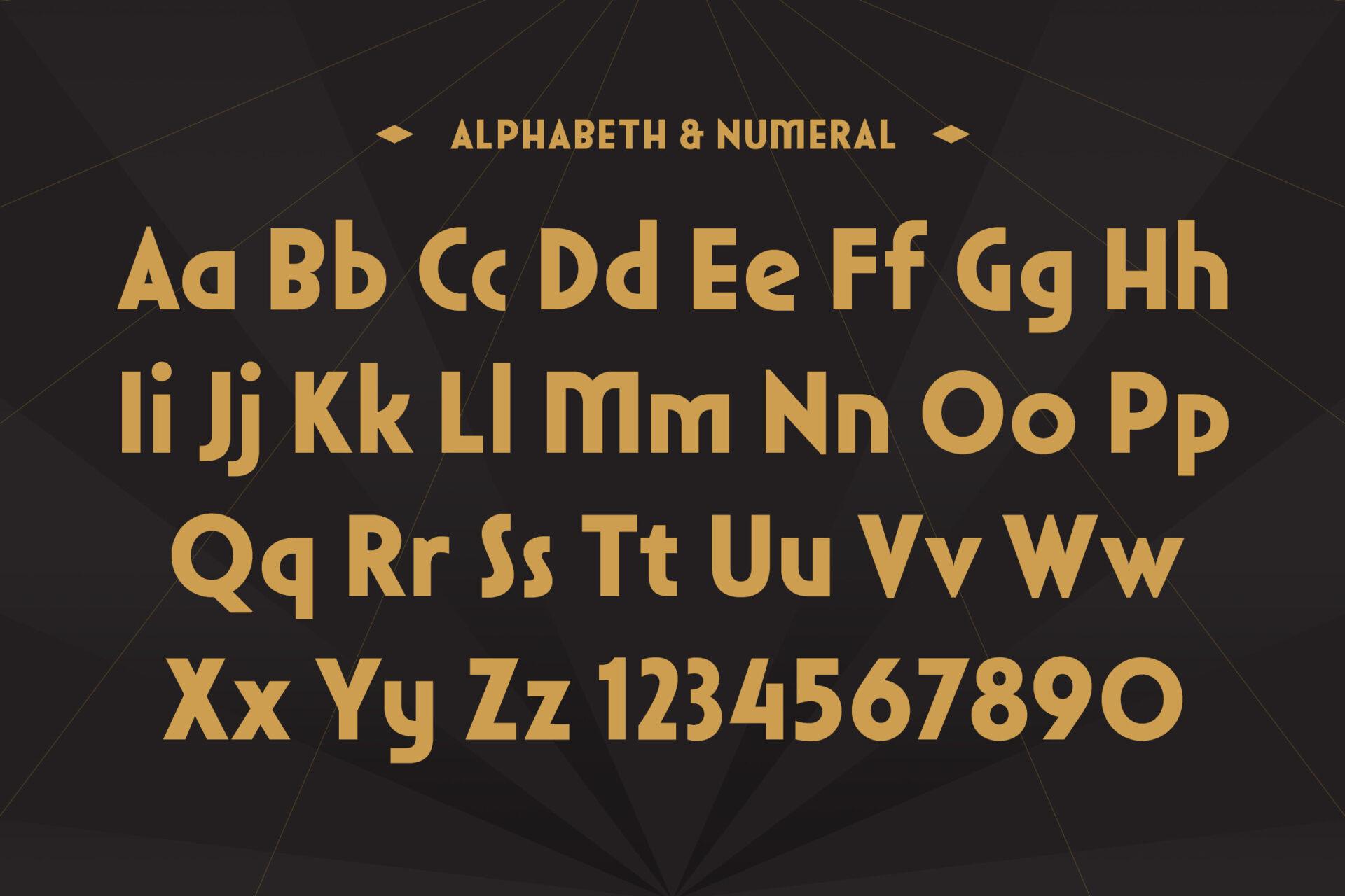 Silvadeco Font by Typia Nesia alphabet with Art Deco uppercase, lowercase and numbers