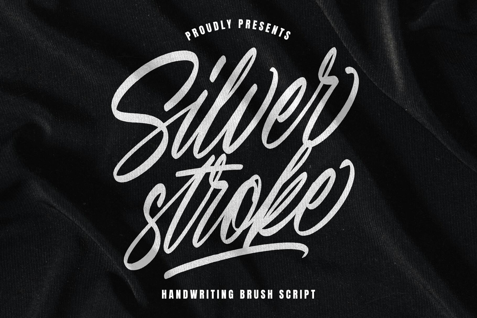 Silver Stroke Font by Damarletter, silver narrow brush handwriting on dark fabric