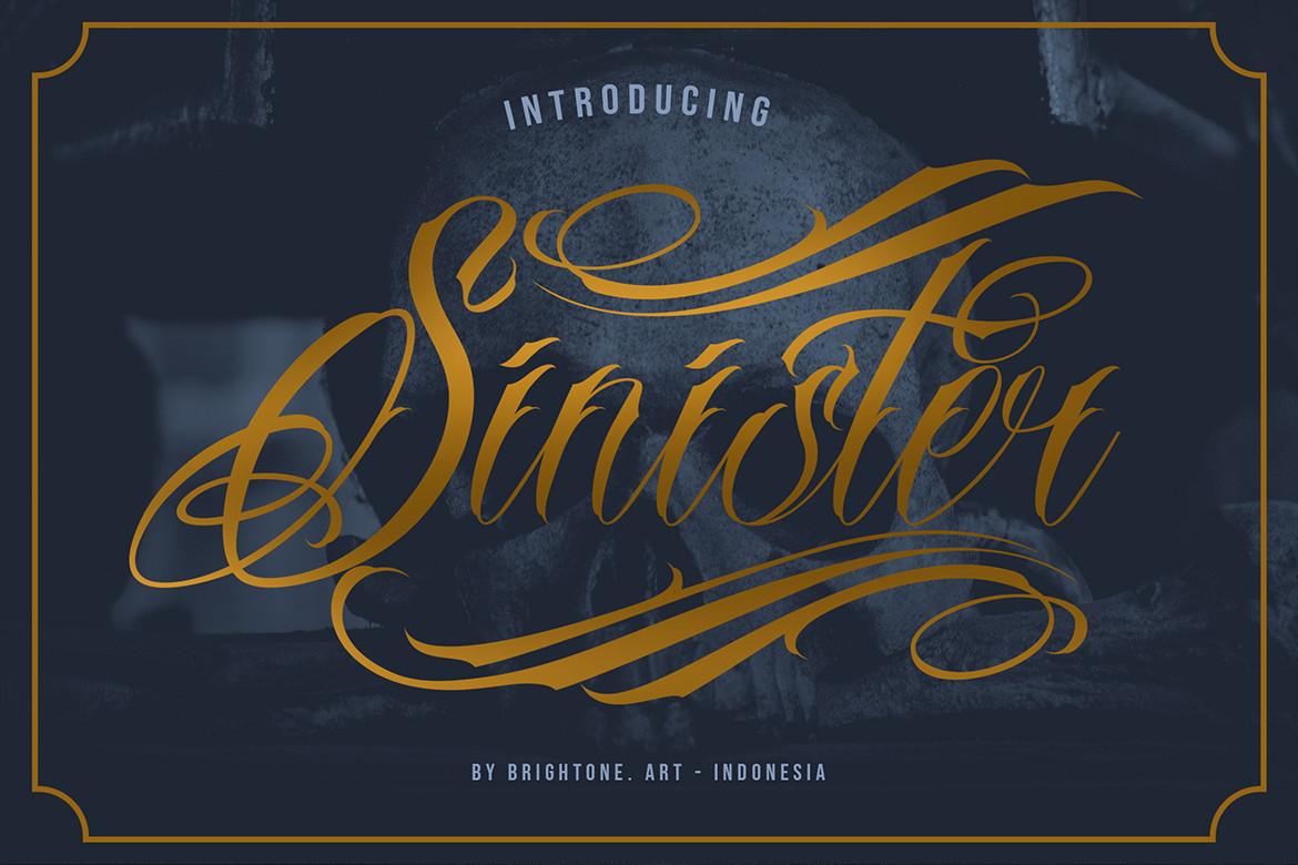 Sinister Font by brightonexart, gold swashed script tattoo font in an ornamental frame, tattoo font preview