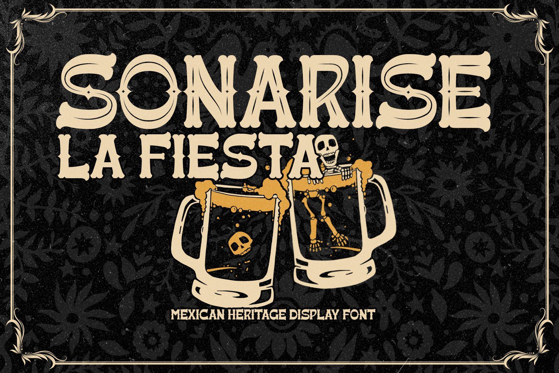 Sonarisa La Fiesta Font by Inviline, cream flared capitals over a dark floral pattern with a skeleton beer mug preview