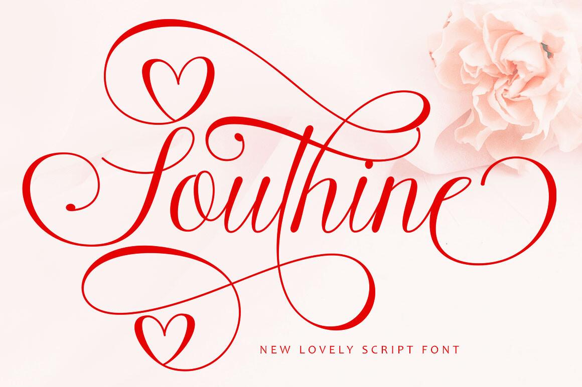 Southine Font by Bung Studio, red script with heart-shaped flourishes